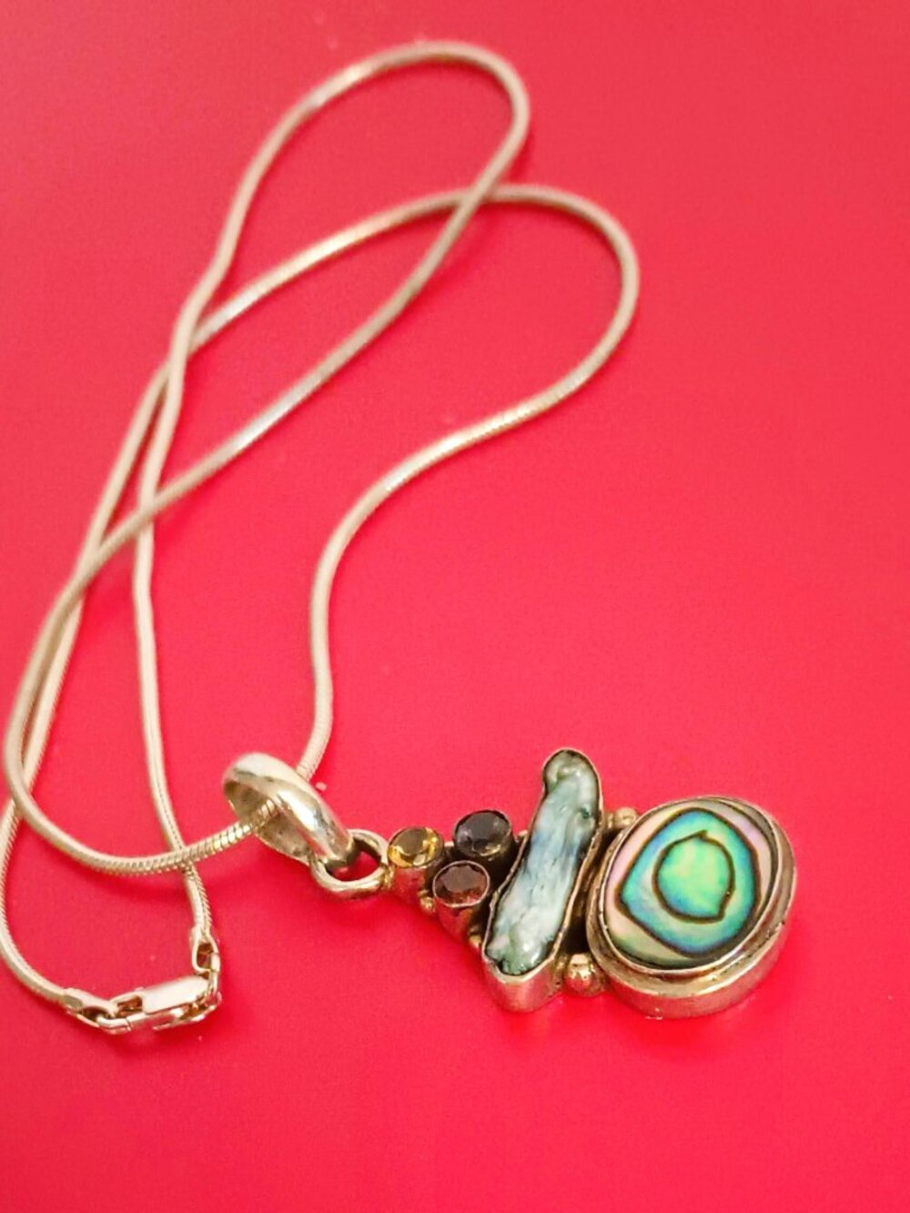 925 Vintage Abalone Necklace 18" Sterling Silver Abstract Shell Pendant Jewelry